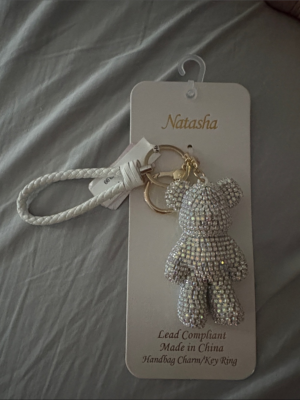 Natasha Couture White Rhinestone Bear Keychain Charm with Gold Hardware